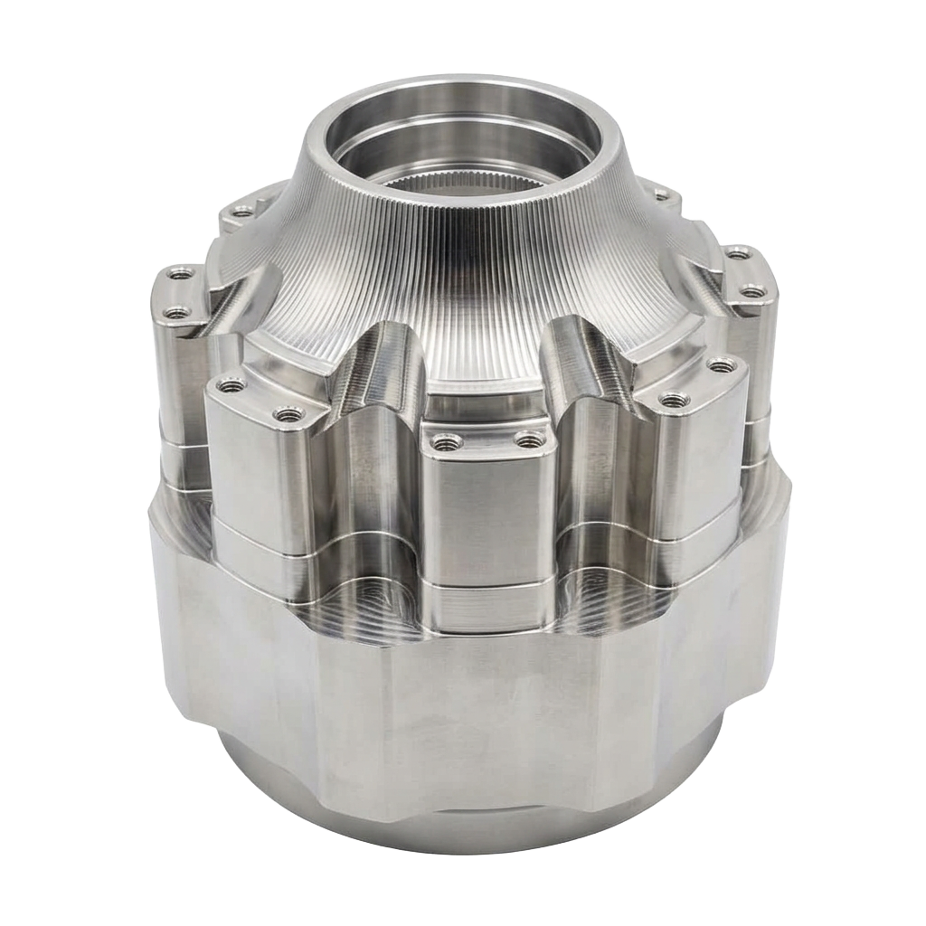 Isolated polished metal housing with a circular bore, sculpted ribs and precision-machined features