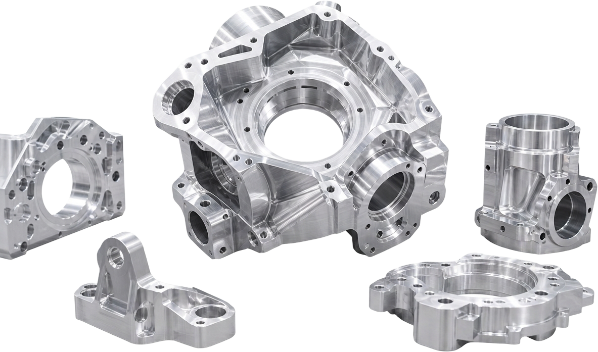 Six precision-machined aluminium housings with drilled bores and bolt patterns, isolated without a background